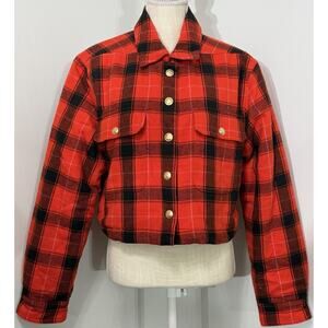 J.Crew Crop Puffer Jacket Red Buffalo Check Plaid Black Western Prep MEDIUM M